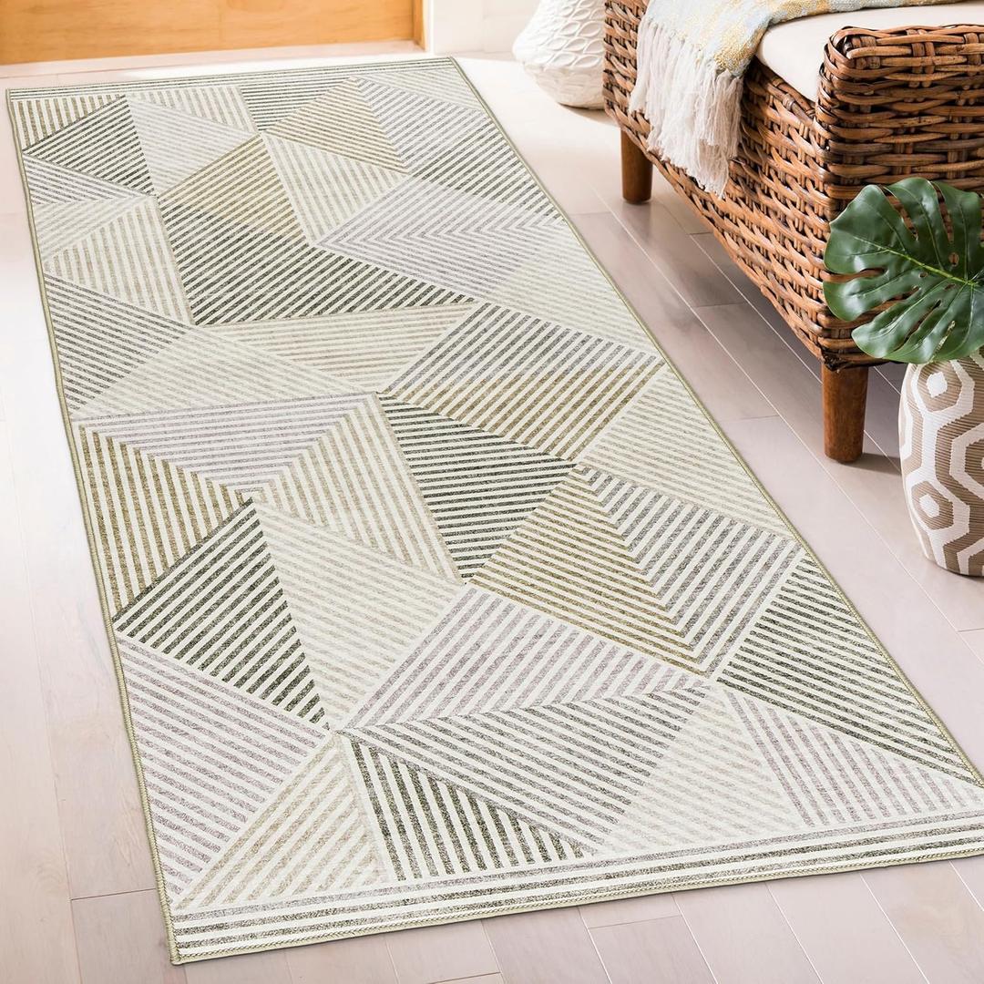 ReaLife Rugs Machine Washable Area Rug Runner - Living Room Bedroom Bathroom Kitchen Entryway Office - Padded Low Pile Stain Resistant Premium - Modern Geometric Contemporary - Miles - Beige 2'6"x8'