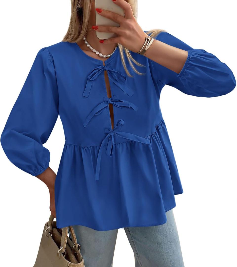 PRETTYGARDEN Women's Babydoll Tops 2025 Spring Trendy 3/4 Length Puff Sleeve Bow Tie Front Cute Peplum Blouses Shirts (M)