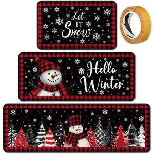 Sets of 3 Christmas Kitchen Rugs and Mats Set Winter Snowman Kitchen Rugs Non Slip Washable Red Black Xmas Door Mats for Floor Home Bathroom Cabin Christmas Winter Decor, 3 Sizes
