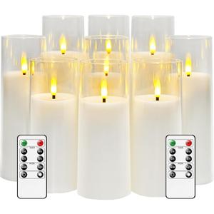 kakoya Flickering Flameless Candles Battery Operated with Remote and 2/4/6/8 H Timer Acrylic Led Pillar Candles Pack of 9 (appr D2.3"xH5.5"6.5"7.5")with Realistic 3D Wick Candles for Home Decor(White)