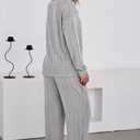 Dokotoo 2 Piece Lounge Sets for Women Ribbed Knit Button V Neck Long Sleeve Tops Matching Pants Pajamas Set 2025 Fall Outfits (X-Large, Grey)