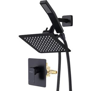 All Metal Shower Faucet Set, Dual Square Shower Head System with Handheld Wand, Diverter, Hose Complete Combo, Pressure Balance Rough-in Valve Included (Matte Black)