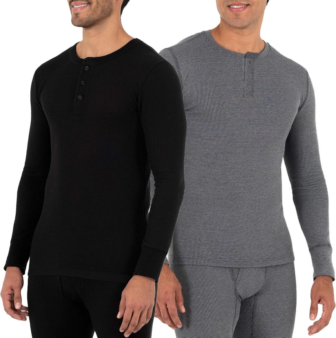 Fruit of The Loom Men's Recycled Waffle Thermal Underwear Henley Top (1 and 2 Packs) (Large)