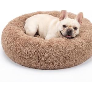Calming Dog Bed for Medium Dogs Washable Donut 30 inches Anti-Slip Pet Bed,Round Fluffy Plush Faux Fur Cat Bed,Fits up to 45 lbs Pets,Camel