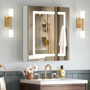 Lighted Medicine Cabinet with Mirror 24x26 Inch, Aluminum Alloy Frame with Side Mirrors & Dual Mirrored Doors, Recessed or Wall Mount