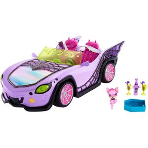 Monster High Toy Car, Ghoul Mobile with Pet and Cooler Accessories, Purple Convertible with Spiderweb Details