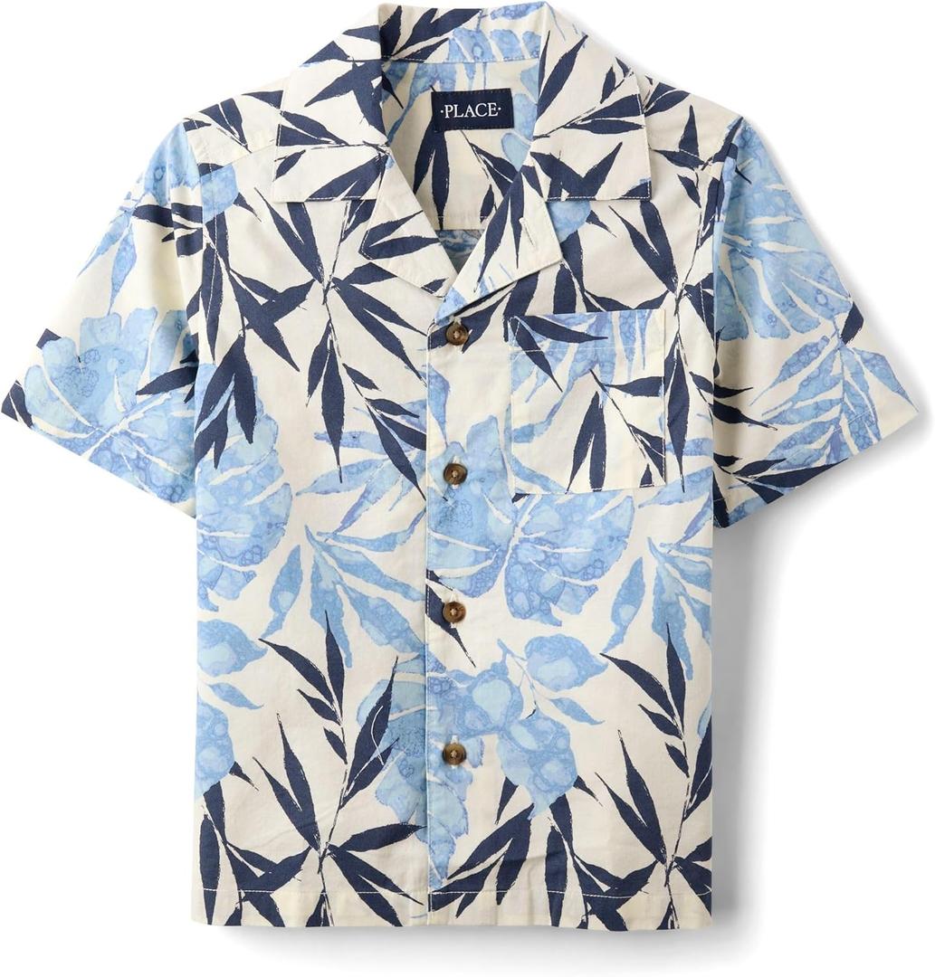 The Children's Place boys Short Sleeve Button Up Shirt (X-Large, Pearl Blue Tropical)