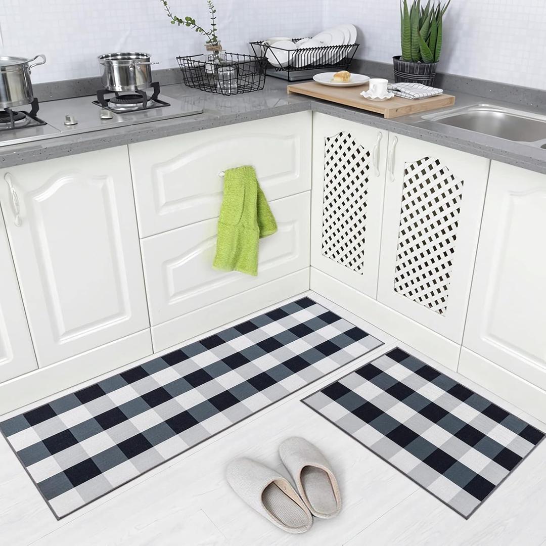 Carvapet 2 Piece Non-Slip Kitchen Rug TPR Non-Skid Backing Mat for Doorway Bathroom Runner Rug Set, Buffalo Plaid Check Design (17"x48"+17"x24") (Black & White Buffalo)