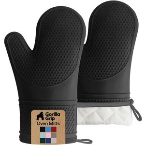 GORILLA GRIP BPA-Free Soft Silicone Oven Mitts, 550F Heat Resistant Waterproof Cooking Safety Gloves, Thick Cotton Lining, Flexible Gripping for BBQ Grilling, Kitchen Potholders Set, 12.5x7.5, Black