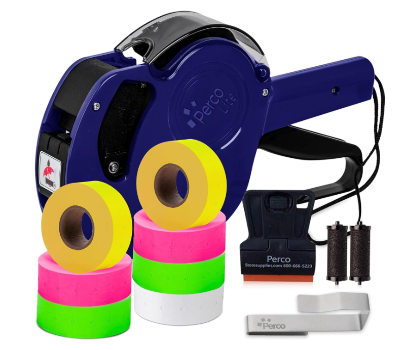 Perco Lite 1 Line Price Gun Kit Includes 1 Roll of Yellow, Fluorescent Green & Fluorescent Pink Label, 1 Scraper, 2 Ink Rollers (1 Preloaded) & 1 Gun Clip