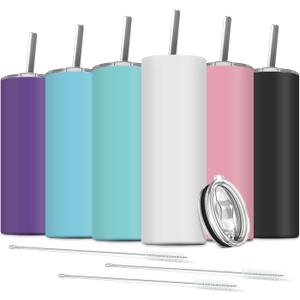 6 Pack Stainless Steel Skinny Tumbler, 20 OZ Double-Insulated Water Tumbler Cup with 6 Straw and 3 Brush, Vacuum Travel Mug Gift for Hot Cold Drinks with Cleaning(Assorted Colors)