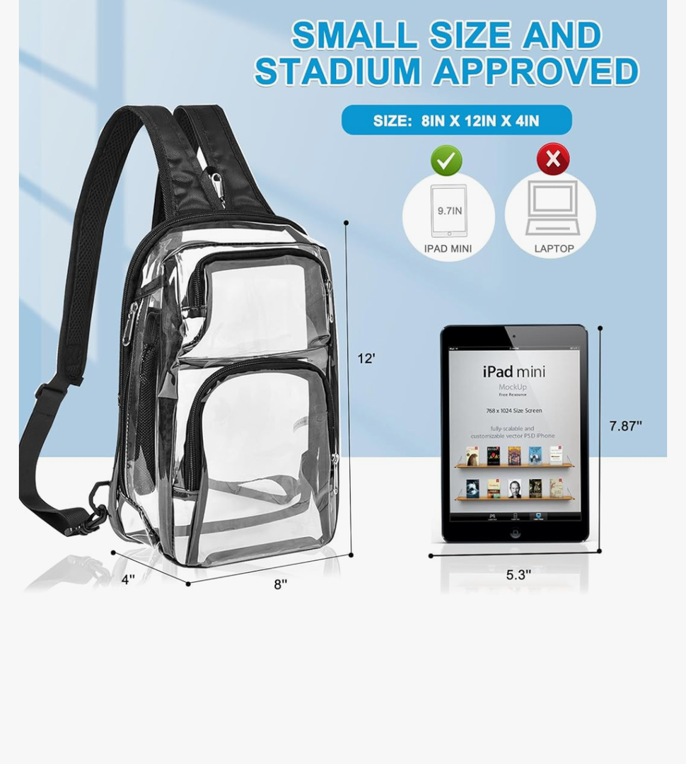 Clear Backpack Stadium Approved with Adjustable Reinforced Straps, 3 in 1 Clear Crossbody Bag for Festivals and Games (Black)