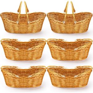 Wesiti 6 Pcs Wicker Picnic Basket with Handle, Hand Woven Harvest Basket Bulk, Wicker Flower Hoppet for Storage, Picnics, Easter, Organizing, Egg Gathering, Candy, Wedding(Light Brown)