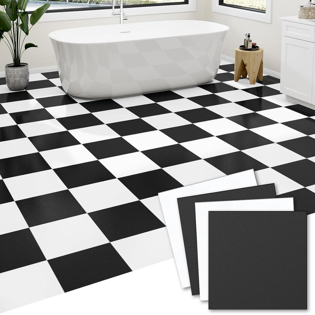 30-Pack 30 Sq.Ft Peel and Stick Floor Tiles Vinyl Matte Pattern Flooring, 12 x 12 Self Adhesive Vinyl Flooring DIY for Kitchen, Bathroom, Laundry, Pure Black&Pure White