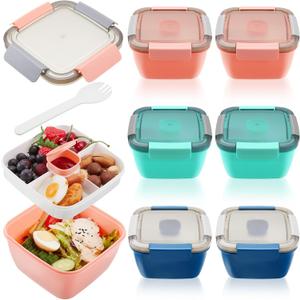 Tessco for you 6 Pcs Salad Lunch Container 50 oz Salad Container with 3 Compartment Reusable Bento Box for Adults Stackable Lunch Bowl for Meal Snack Fruit(Pink,Blue,Green)