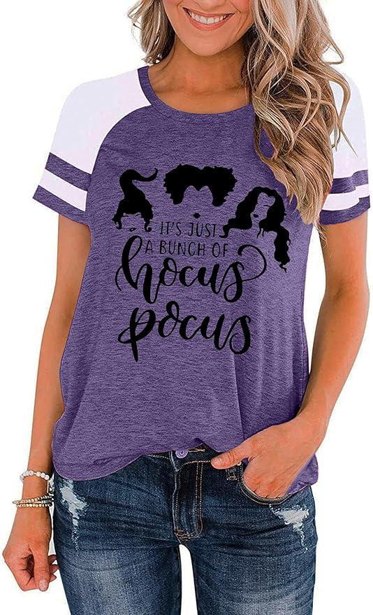Womens Halloween Shirt Hocus Pocus Shirts Sanderson Witch Broom Graphic Tshirt Raglan Color Block Tops (XXL)