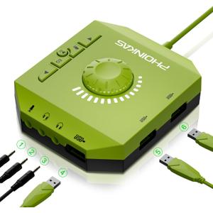 T10 External Sound Card, PHOINIKAS USB Audio Adapter for PC Windows, Mac, Linux, Laptops, Desktops, Stereo Sound Card with 3.5mm Interface & USB Interface, Volume Control, Plug & Play (6-in-1, Green)