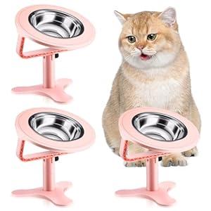 Raised Cat Bowls, Indoor Cats with Height-Adjustable Stand, Non-Slip Stainless Steel Bowls, 15° Tilted Cat Food Bowls (3-Pack, Pink)