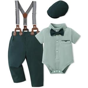 SOLOYEE Baby Boy Clothes Suits 12-18M Infant Gentleman Outfits, Short Sleeve Shirt+Bowtie+Beret+Suspender Pants Clothing Set