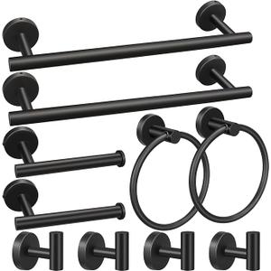 10pcs Matte Black Bathroom Hardware Set | Including 16" Hand Towel Bars, Toilet Paper Holders, Towel Rings, Towel Hooks