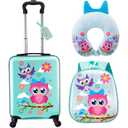 Sanwuta 4 Pcs Kids Luggage Set Kids Backpack Travel Rolling Suitcase with Wheels U-shape Pillow Childrens Gift for Girls Boys(17 Inch, Owl Style)