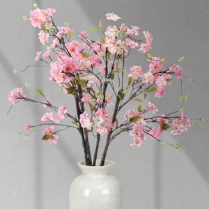 Giegxin 35in Pink Artificial Cherry Blossom Branches Fake Spring Faux Cherry Blossom Branch Intertwined with Green Budding Long Stem 3 Pcs for Vase Floral Arrangement Wedding Party Spring Decoration