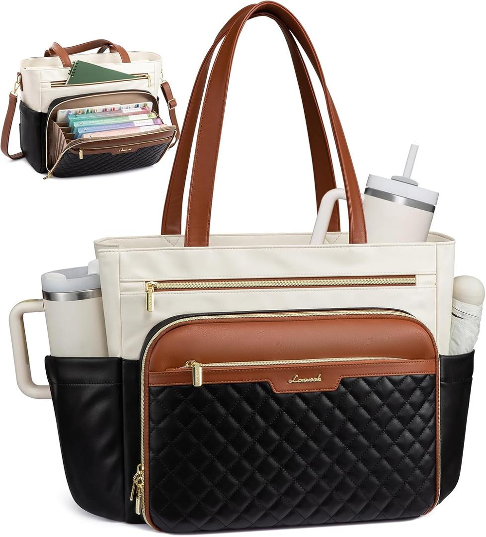 LOVEVOOK Teacher Tote Bag with Accordion File Pocket, Soft PU Leather Work Briefcase Quilted Laptop Bag with Large Cup Holder