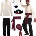 Mens Pirate Costume Adult Medieval Shirt Viking Ankle Banded Pants with Compass Necklace 5 Pcs Pirate Accessories Set (M)