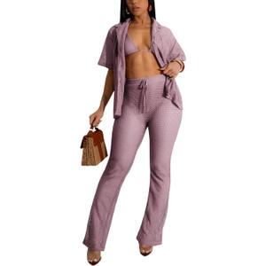 Women's Fashionable 2-Piece Beach Ensemble-Hollow Out Button Top and Drawstring Pants, L