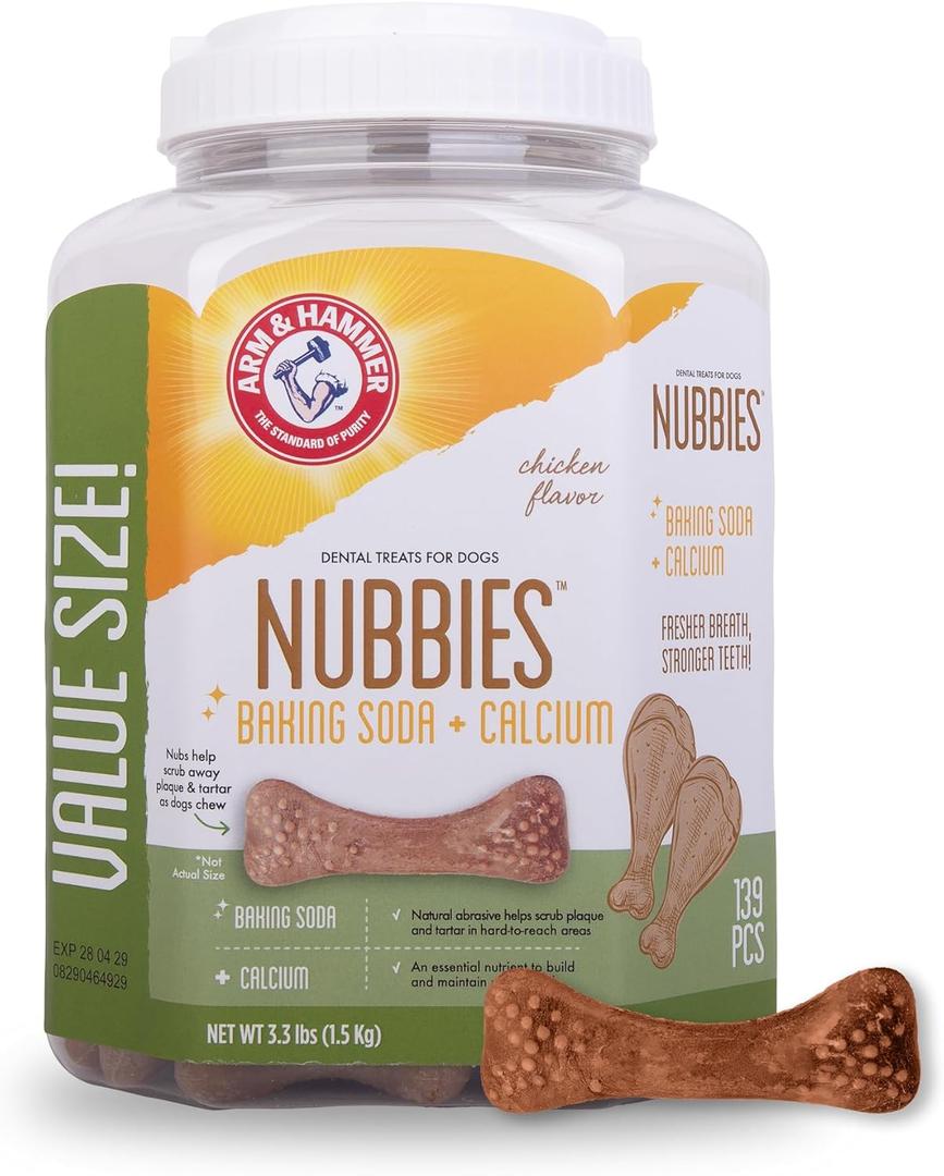 Arm & Hammer for Pets Nubbies Dental Treats for Dogs with Baking Soda and Calcium, Treat Chews Help Fight Bad Breath, Plaque & Tartar, Chicken, Value Bucket, 139 Pcs (Packaging may vary), EXP 28/04/02