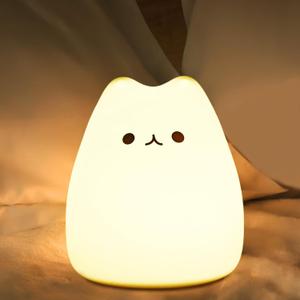 LED Night Light, Battery Powered Kids' Lamp, Silicone Multicolor Cute Cat with Warm White & 7-Color Breathing Mode for Kids & Babies
