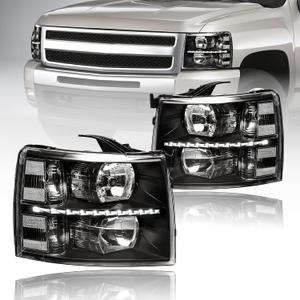 LED DRL Headlights Assembly fit 07-13 Chevy Silverado 1500 2500HD 3500HD NOT Fit 2007(Old Body) Classic Models Halogen Headlamp Clear Reflector Black Housing