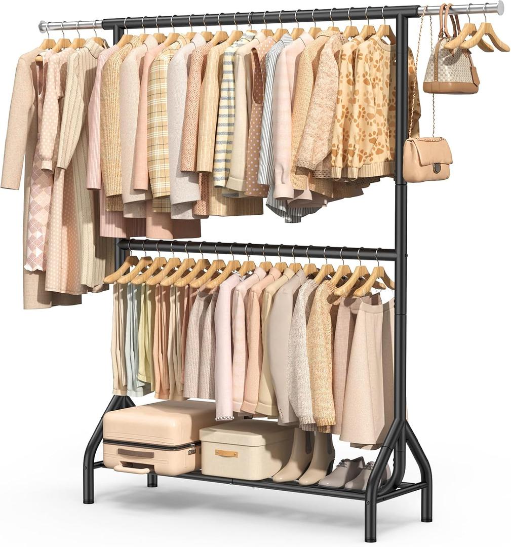 Double Rod Clothing Rack Load 622 LBS, Heavy Duty Clothes Rack for Hanging Clothes, 82.68 inch High Garment Rack with Storage Shelves, Metal Clothing Hanger Closet Wardrobe Organizer (Black)