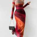 MARZXIN Women Long Sleeve Maxi Dress Bodycon Ruched Formal Slim Fit Tie Dye Dress Formal Mesh Dress (XL)