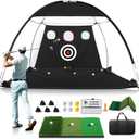Golf Net, 10x7FT All-in-1 Home Golf Hitting Aid Set with Foldable Tri-Turf Practice Mat for Backyard Driving Chipping Swing Training with Scoreboard/Target/Balls, Gifts for Him Dad and Men Golfer