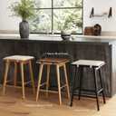 Nathan James Barker Counter Height Solid Wood Barstool with Upholstered Cushion, Backless Island Stool with Rubberwood Legs and Natural Textured Linen Upholstery for Kitchen, Brown/White, 1 Pack