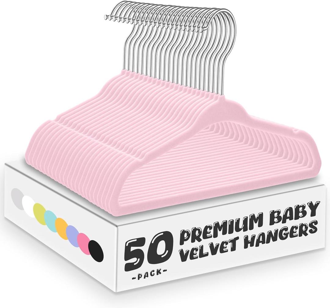 Pink Velvet Kids Hangers 50 Pack - 11" Ultra Thin Non-Slip Clothes Hangers for Baby/Toddler/Daycare | 360 Rotating Hooks, Space-Saving Nursery Organization