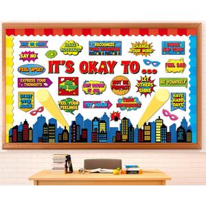 5 x Hero Theme It's Okay to Bulletin Board Set Hero Cityscape Inspirational Therapy Classroom Decor Affirmations Accents Bulletin Board Back to School Positive Cutouts for Office Chalkboard Wall Decor