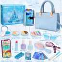 Golray Little Girls Play Purse Toys with Pretend Makeup Kit for Girl 3 4 5 6 Year Old, Sound Phone/Fake Makeup Set/Blue Wallet/Ice Princess Box Winter Christmas Birthday Gift Toddler Kid Toy Age 3-4-7