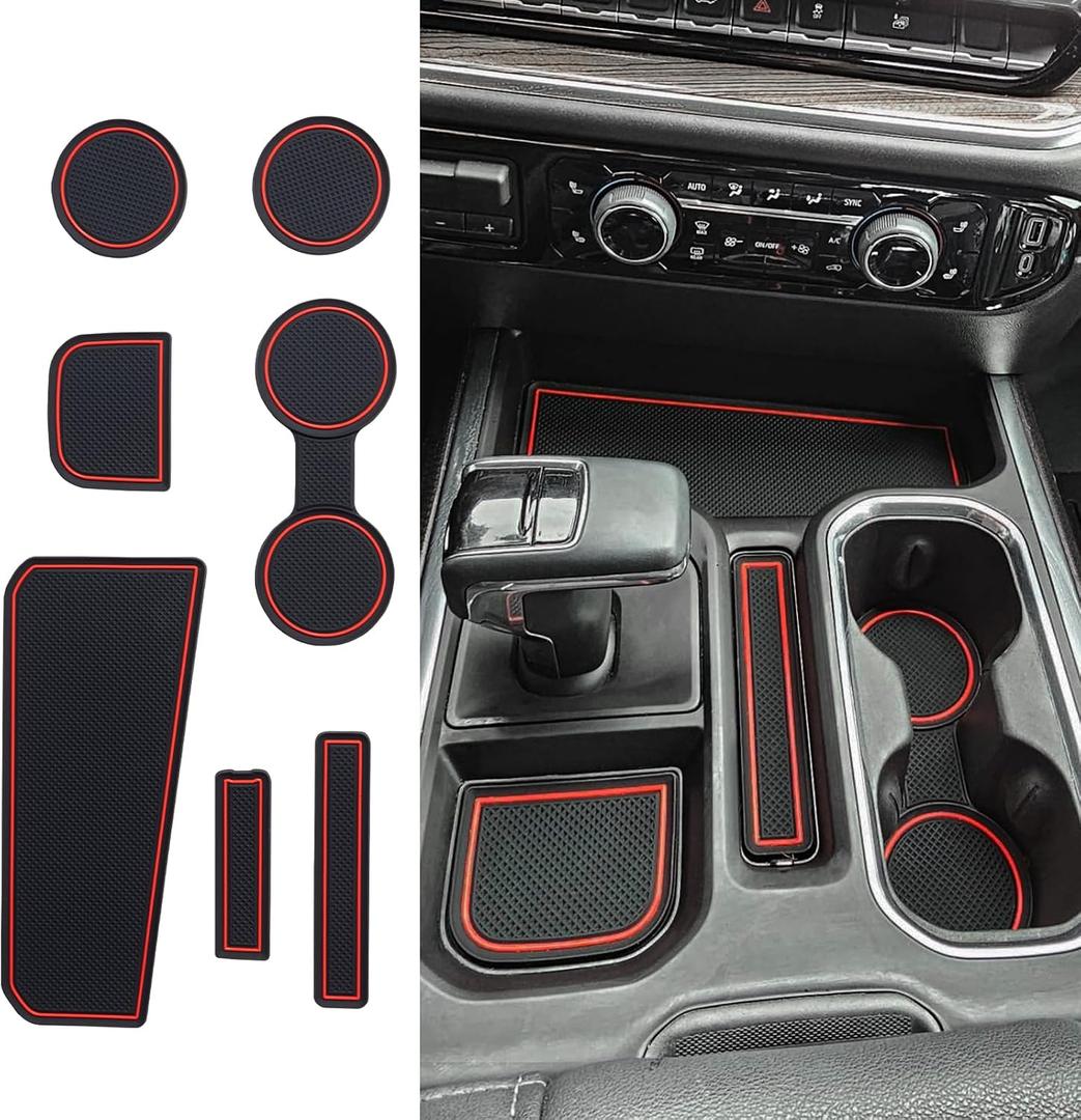 TOPINSTALL 7PCS Console Liners Compatible with 2023-2026 Chevy Silverado/GMC Sierra 1500 & 2022 Refreshed 1500 Models, Premium Rubber Non-Slip Cup Holder Mats, Red-Full Console w/Bucket Seats ONLY
