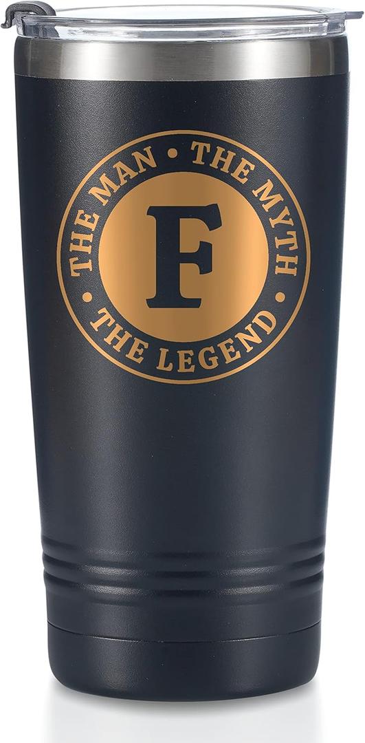the Man the Myth the Legend Mug with Initials, Monogrammed Stainless Steel Travel Tumbler for Men, Funny Personalized Coffee Cup, Custom Beer Glass, Unique Birthday Christmas Gifts for Him, 20 oz, F