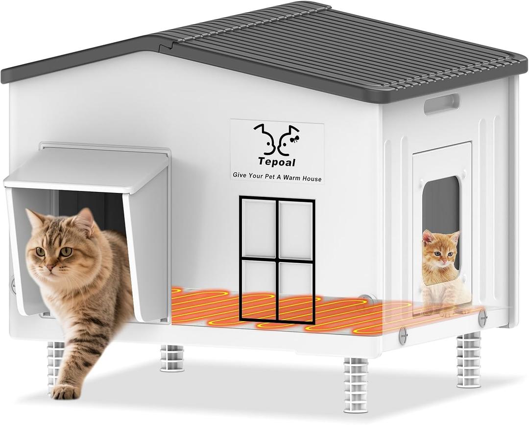 Indestructible Large Heated Cat House for Outside, Heated Outdoor Cat House 100% Weatherproof with Escape Door, Insulated Outdoor Cat Shelter for Multiple Cats, Feral Stray Kitty. 40x50CM, Grey/Green/White