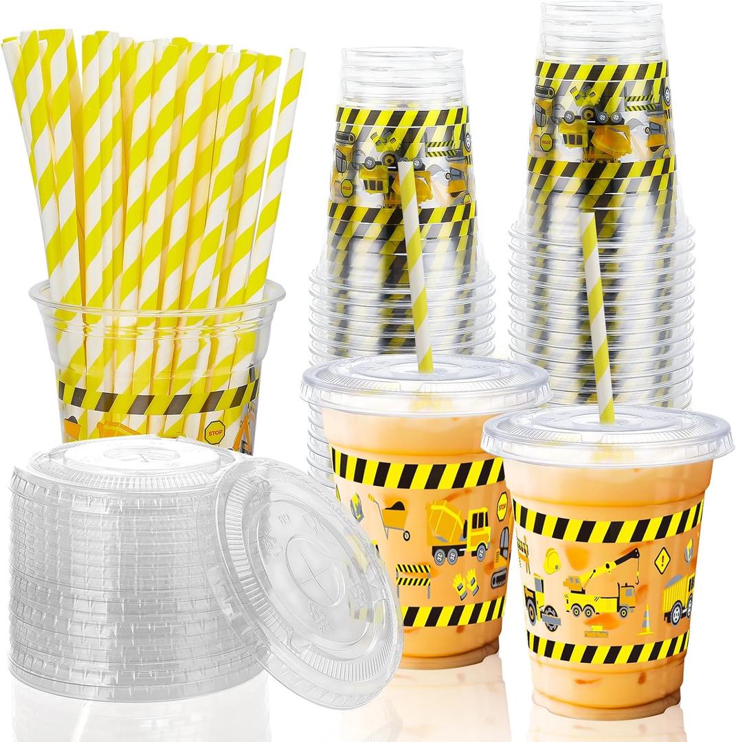 50 Pcs Construction Truck Plastic Cups with Lids and Straws,12 oz Construction Reusable Cups Disposable Cups for Party Drinking,Plastic Tumbler for Birthday Party Construction Theme Party