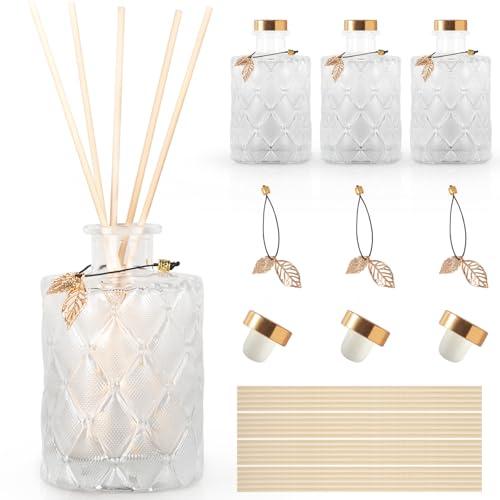 Glass Reed Diffuser Bottles for Decorative, Vintage Embossed Apothecary Style Flower Bud Vases with Cork Lids and Metal Leaves, Set of 4