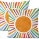 Summer Pillow Covers 18x18 Set of 2 Boho Sun Throw Pillows Yellow Blue Orange Stripes Sunshine Watercolor Rainbow Pillowcase Linen Boho Outdoor Decorations Cushion Case for Couch Sofa Decor