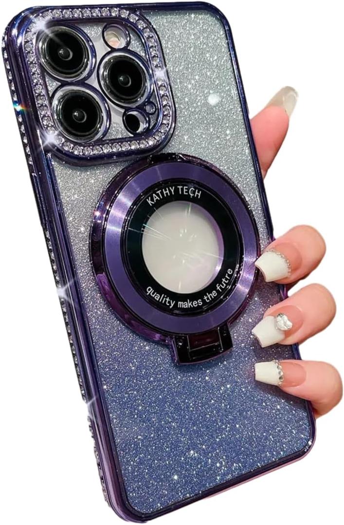 Blomuse Phone Case, Blomuse Glitter Diamond Magnetic Phone Case Pink, Kathy Tech for iPhone Case 14/13 Pro Max, Kathytech Case for iPhone 15/12,Valentine Gifts (Purple, For iPhone 15 Pro Max)