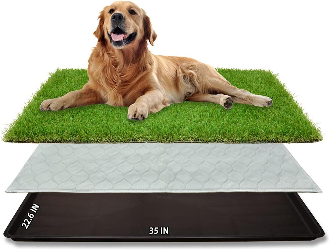 Dog Grass Large Potty Patch, Dog Litter Boxes Artificial Grass Bathroom Turf for Pet Training, Washable Puppy Pee Pad, Perfect Indoor/Outdoor Portable Potty Pet Loo (Tray system-35"X22.6") (L-35"X22.6")