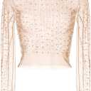 Women's Pearl Rhinestone See Through Long Sleeve Mesh Blouse One Piece Cover Up Halloween Festival Crop Top
