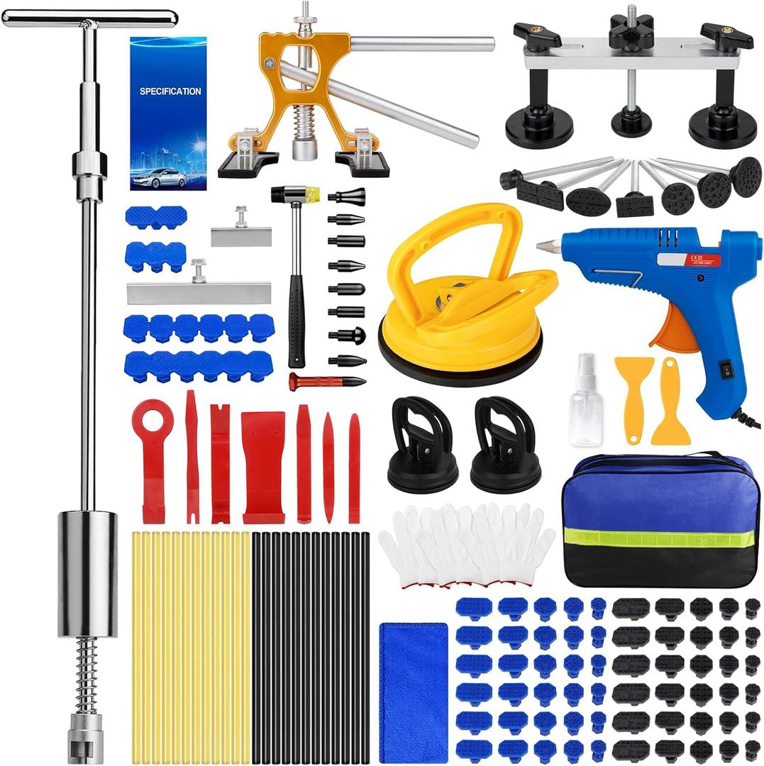 Dent Puller Kit, 135Pcs Car Dent Repair Kit with Slide Hammer 2 in 1 T-bar, Golden Lifter & Bridge Puller for Auto Body Dent Removal, Paintless Dent Removal Kit for Repairs 98% of Car Dents
