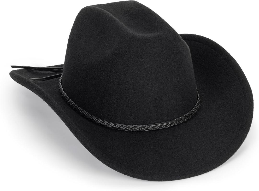 Vintage Western Cowboy Hat for Men Women - Wide Brim Cowgirl Fedora Hats with Braided Rope Band M (Black)
